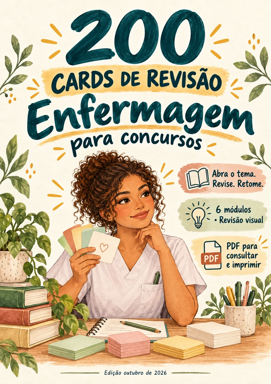 Capa ilustrada: 200 Cards de Revisão de Enfermagem para Concursos, com seis módulos em PDF